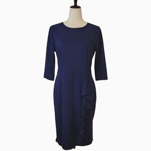 Oxiuli Fashion Navy Blue Cascading Ruffle 3/4 Sleeve Sheath Dress Size L